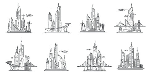 Obraz premium A collection of futuristic city skyline illustrations in monochrome outline vector style, ideal for architectural design projects