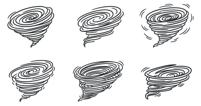 A collection of six tornado illustrations in black and white outline vector style, suitable for weather-related graphics and educational materials