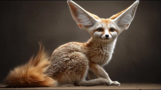 A fennec fox sitting on a surface with large ears and a fluffy tail against a dark background with warm tones.
