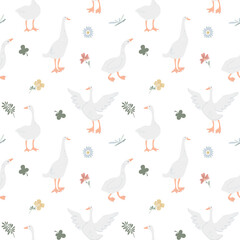 A soft pastel baby pattern for newborns, hand-drawn with crayons. Cute geese, flowers, leaves, and a dragonfly.