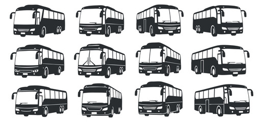 Obraz premium A collection of twelve bus icons in black and white vector style, ideal for transportation and urban planning projects