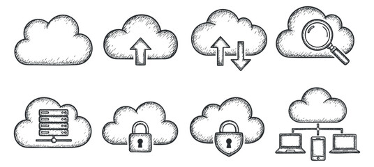 Obraz premium A collection of cloud icons depicting data upload, download, and synchronization in a hand-drawn sketch vector style, ideal for tech and digital projects