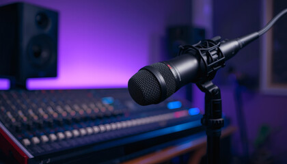 Obraz premium Professional podcast microphone in dark studio with neon lights.