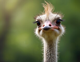 Fototapeta premium Funny ostrich head peeks from side with fluffy feathers and big eyes. Its long neck is visible against blurred green background. Bird looks curious and slightly disheveled.