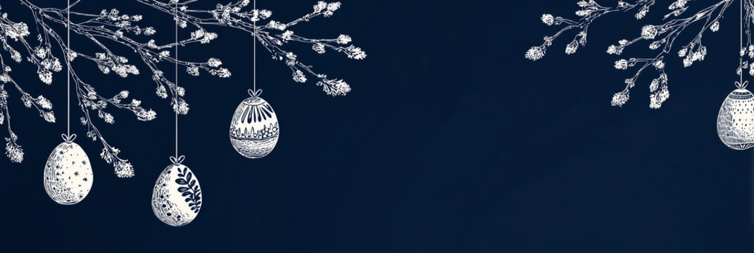Elegant Easter greeting card template with hand-drawn decorated eggs hanging on blooming branches over dark blue background perfect for luxury seasonal visuals
