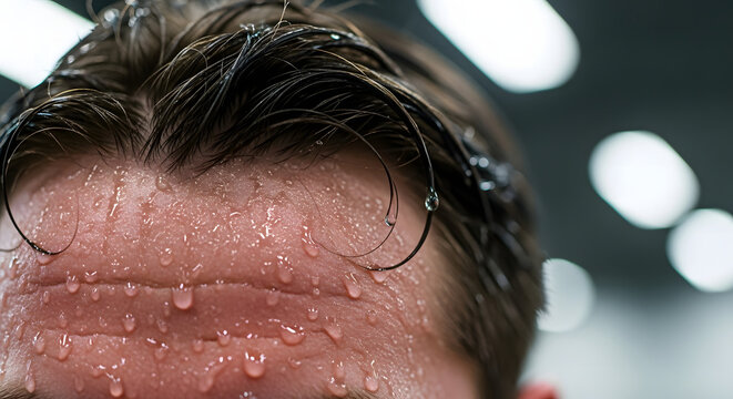 Sweaty Forehead Showcasing Rivulets of Perspiration after Intense Exercise