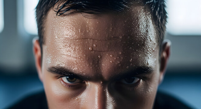 Intense Athlete's Face Dripping with Sweat in Gym