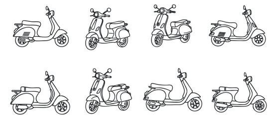 A set of eight scooter icons in minimalist line art vector style, perfect for urban transportation design and creative projects