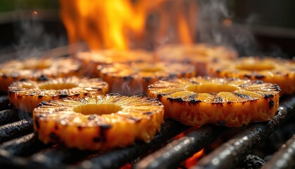 Obraz premium Pineapple rings cook on hot barbecue grill with flames and smoke. Sweet fruit caramelizes on grates creating smoky flavor. Summer outdoor cooking at its best.