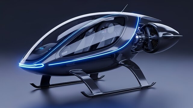 Futuristic flying vehicle for personal air transportation concept. Suitable for transportation, aviation, technology, and futurethemed design projects.