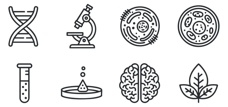 A collection of science-themed icons including a DNA helix, microscope, test tube, brain, and leaf in minimalist black and white vector style, ideal for educational and scientific materials