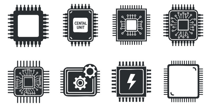 A collection of microprocessor and circuit icons in flat black and white vector style, suitable for technology and electronics projects