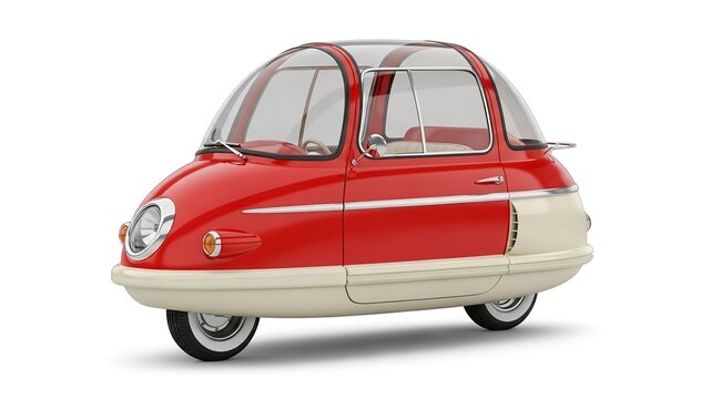 Red and cream peel p50 microcar with clear top. Perfect for automotive websites, car enthusiasts, vintage car collectors, and transportationrelated designs.