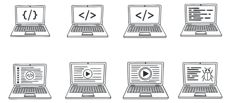 A set of eight laptop icons featuring coding symbols and programming elements in clean outline vector style, suitable for tech and education projects