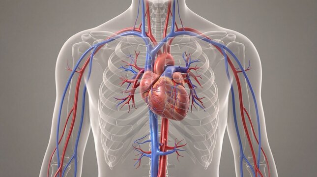 Detailed view of the human circulatory system highlighting the heart and major blood vessels in a transparent torso