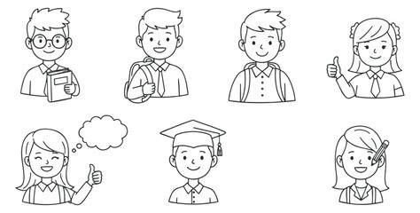 Naklejka premium A collection of cheerful student characters in black and white outline vector style, perfect for educational materials and youth-focused projects