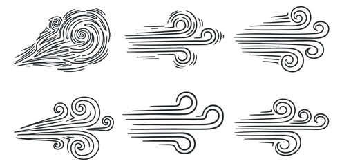 A collection of stylized wind elements and cloud shapes in black and white minimalist vector style, ideal for weather-themed designs and illustrations