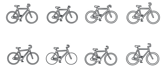 Fototapeta premium A set of eight bicycles in minimalist black and white vector style, suitable for fitness and outdoor activity designs