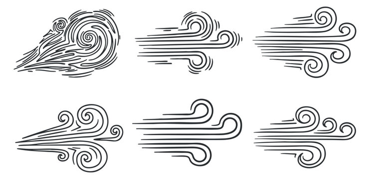 A collection of stylized wind elements and cloud shapes in black and white minimalist vector style, ideal for weather-themed designs and illustrations