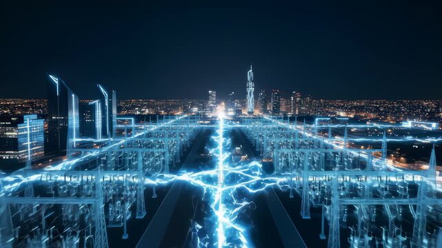Electricity Flows Across Power Grid to City at Night in Aerial View