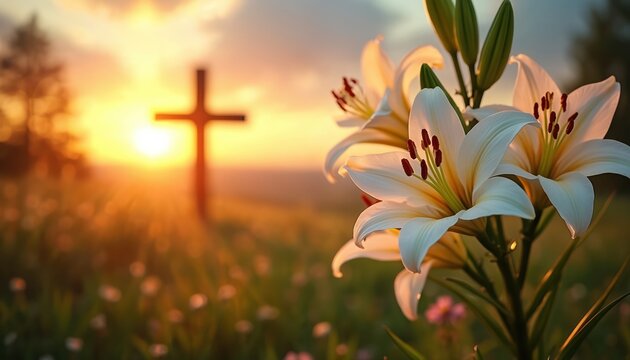 White lilies bloom near wooden cross on grassy hill at sunset. Warm golden hour light bathes serene landscape, evoking peace, spirituality. Image suggests religious hope, memorial, natural beauty.