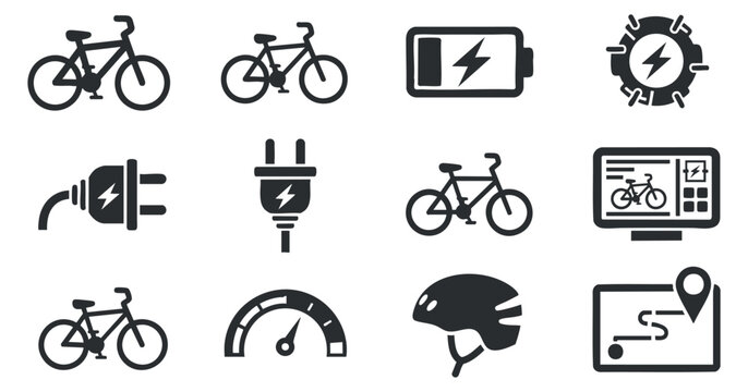 A collection of electric bicycle icons including bikes, battery, plug, and helmet in clean modern vector style, ideal for eco-friendly transportation branding