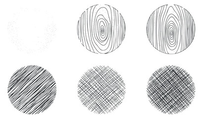 A collection of six circular patterns featuring various textures and line styles in black and white minimalist vector design, suitable for backgrounds and graphic projects