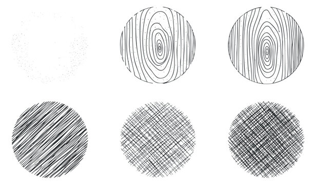 A collection of six circular patterns featuring various textures and line styles in black and white minimalist vector design, suitable for backgrounds and graphic projects