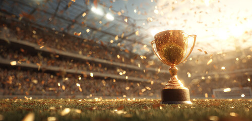Golden trophy with reflective surface and intricate design on a football stadium field with confetti in the air, celebrating victory and achievement