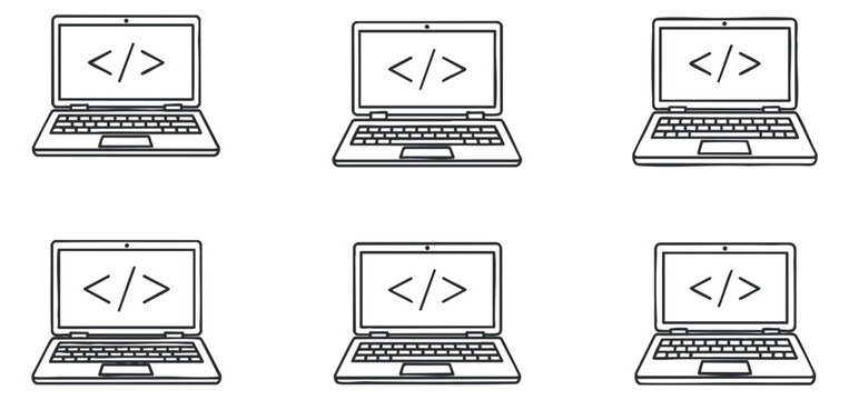 A set of outline laptops displaying coding symbols in minimalist vector style, ideal for tech and educational projects