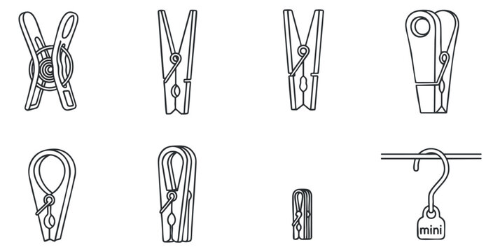 A collection of various clothespin illustrations in minimal outline vector style, ideal for laundry and household design projects