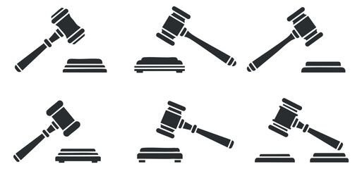 Obraz premium A collection of six gavel icons in black vector style, suitable for legal and justice-themed projects