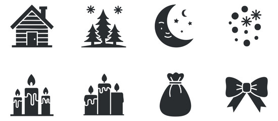 Fototapeta premium A collection of holiday-themed icons including a house, trees, moon, candles, gift bag, and bow in black vector style, perfect for winter celebration designs