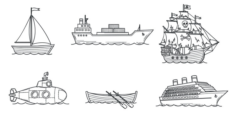 A collection of various boats and ships including a sailboat, pirate ship, submarine, and cruise ship in outline vector style, suitable for nautical-themed designs