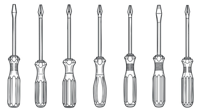 A set of various screwdrivers including flathead and phillips in clean outline vector style, ideal for hardware and tool branding