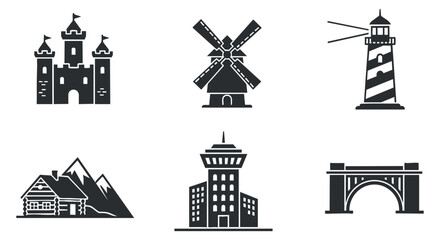Naklejka premium A collection of landmarks including a castle, windmill, lighthouse, mountain, building, and bridge in black and white minimalist vector style, ideal for travel-themed designs