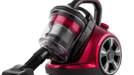 Modern red vacuum cleaner isolated on transparent background