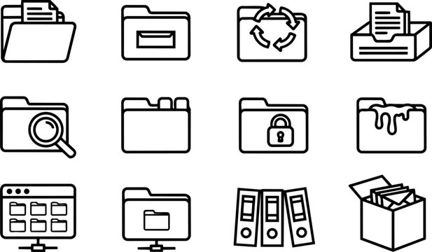 Line art folder icon set close up top view file box and binder symbols for digital interface minimal black outline collection
