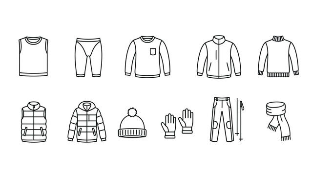 Collection of black and white line icons representing essential winter sports apparel including base layers outerwear accessories and necessary equipment for cold weather activities
