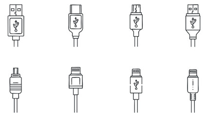 Fototapeta premium A collection of various USB cable and connector icons in a clean outline vector style, suitable for technology-related designs