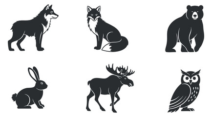 A collection of animal silhouettes including a wolf, fox, bear, rabbit, moose, and owl in black vector style, ideal for wildlife-themed design projects