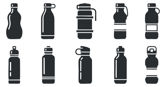 A collection of various water bottles in black silhouette vector style, ideal for fitness and outdoor design projects
