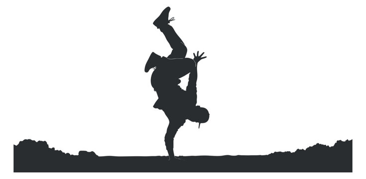 A silhouette of a person performing a handstand in dynamic black and white vector style, suitable for sports and fitness branding
