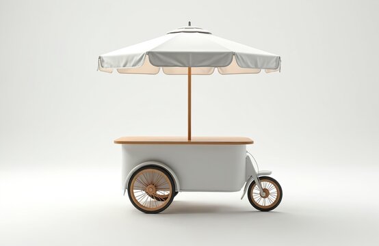 Minimalist white food cart with wooden counter and umbrella. This mobile kiosk is ready for street sales. Ideal for snacks, ice cream, or coffee.