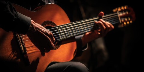 Obraz premium A dramatic side-lit close up of a flamenco guitarist mid-performance hands, fingers strumming a classic Spanish.