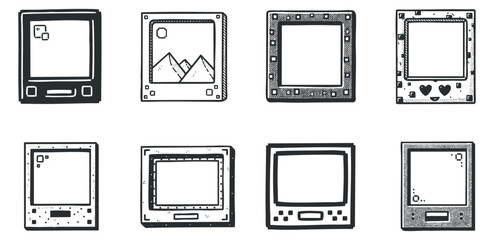 A collection of vintage television frames in black and white outline vector style, suitable for graphic design and creative projects