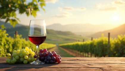 Obraz premium Glass of red wine and fresh grapes rest on rustic wooden table. Vineyard landscape stretches to hills under warm sunset light. Perfect for wine tasting promotion.