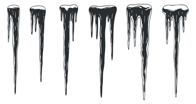 A collection of six icicles in black and white outline vector style, suitable for winter-themed designs and decorations