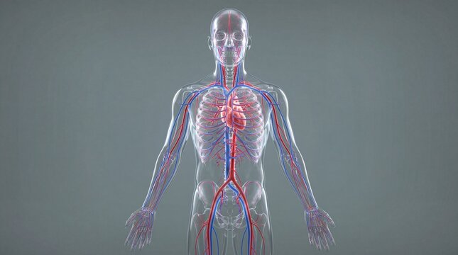 Transparent human figure showcasing the circulatory system with red and blue vessels against a gray background from a front viewpoint