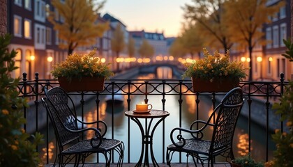 Obraz premium Balcony with canal view chairs table plants and coffee. City buildings and bridge at dusk with warm lights. Autumn leaves on trees over water.